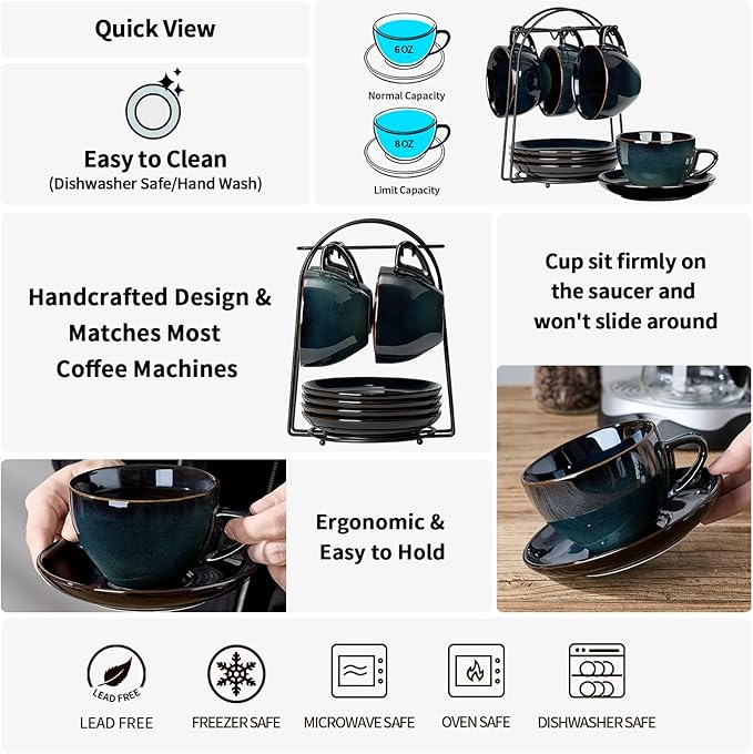 SIDUCAL Espresso Cups Set of 4 [8oz] Porcelain Coffee Cups with Saucers and Holder,Latte Cups- Latte Art Cup - Microwave/Dishwasher Safe,Espresso Demitasse Cups(Blue and Green)