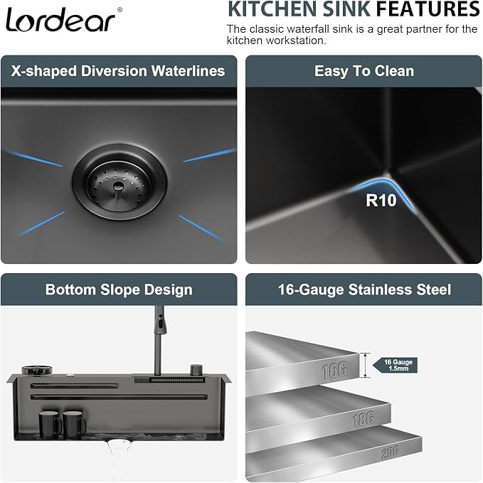Lordear 33 Inch Black Smart Waterfall Drop In Kitchen Sink With Faucet 33x19 Inch Worktation Topmount Sink 16 Gauge Stainless Steel Single Bowl Ledge Kitchen Sinks Handmade