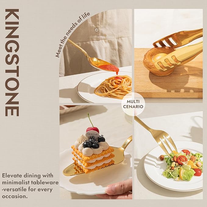 KINGSTONE Large Hostess Gold Serving Utensils Sets,18/10 Stainless Steel Heavy Duty 10inch Serving Spoons,Slotted Spoons,Serving Fork,Serving Tongs, Cake Pie Server For Buffet, Wedding, Party