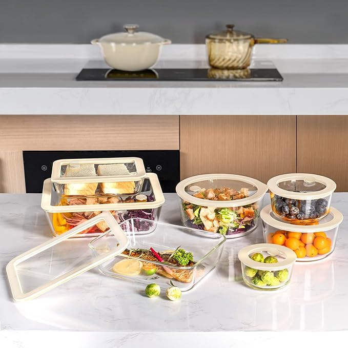 Urban Green Glass Food Container Set with Silicone Glass Lid, Large Size 3 Pack, Meal Prep Food Storage Containers with Airtight Lids, Leakproof, 100% Plastic Free, White color