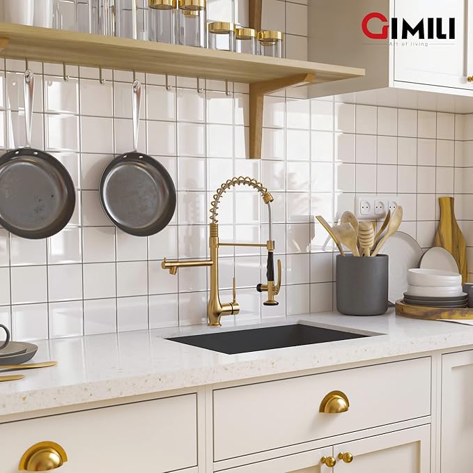 GIMILI Brushed Gold Kitchen Faucet with Pull Down Sprayer Single Handle High Pressure Brass Kitchen Sink Faucet Commercial Double-Headed Kitchen Faucets Sink with Deck Plate