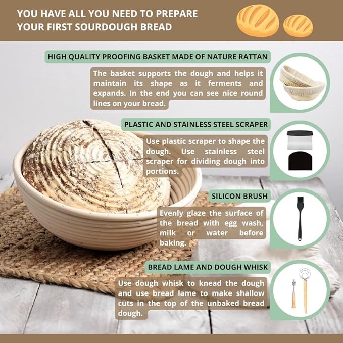 9" Round and 10" Oval Banneton Baskets with Scrapers, Bread Lame, E-Book with Recipes, Glass Jar with Strips, Labels & Chalk Pen, Spatula, Silicone Brush, Dough Whisk, Bread Bag & Heated Proofing Box