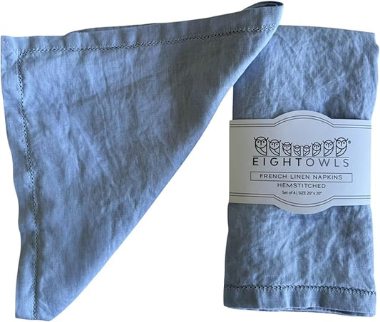 Hemstitched Linen Napkins – 20 Inch x 20 Inch – Stonewashed Pure Linen Cloth Dinner Napkins with Mitered Corners - 100% French Flax – Machine Washable - Set of 4 (Dusty Blue)