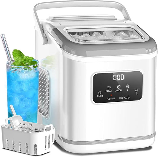 Ice Maker Machine countertop Self Cleaning Portable Compact Small Bullet Ice Maker with Digital Screen,9 Cubes in 6 Mins,26lbs in 24Hrs,for Camping Dorm Home Outdoor（White）