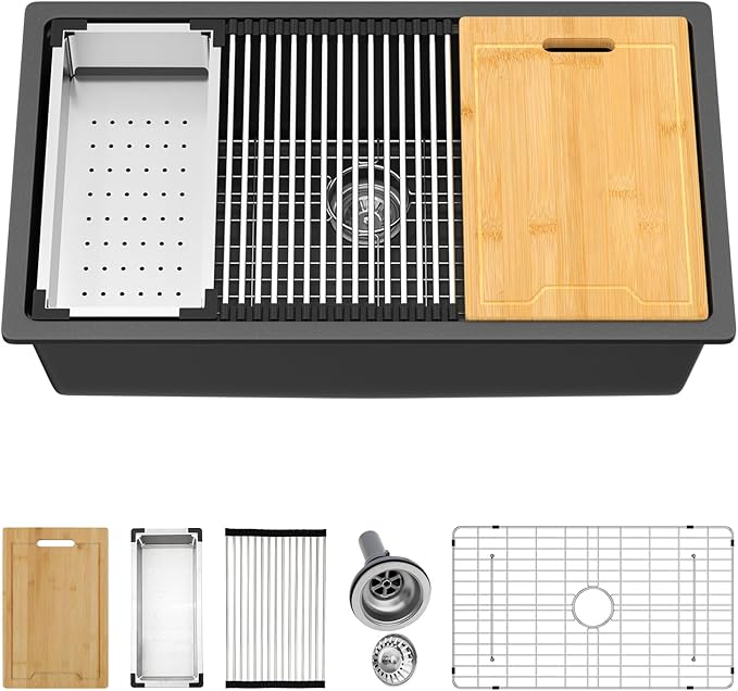 Kichae Granite Composite Undermount Kitchen Sink 32 inch - Granite Quartz Sink 32 x 19 Matte Black Workstation Sinks