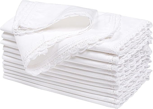 Hausattire Cloth Napkins 12 Pack 20x20 Inches Flax Cotton Washable and Reusable Table Dinner Napkins with Lace for Hotel,Thanksgiving,Weddings and Parties| Highly Absorbent Cloth Napkins|White