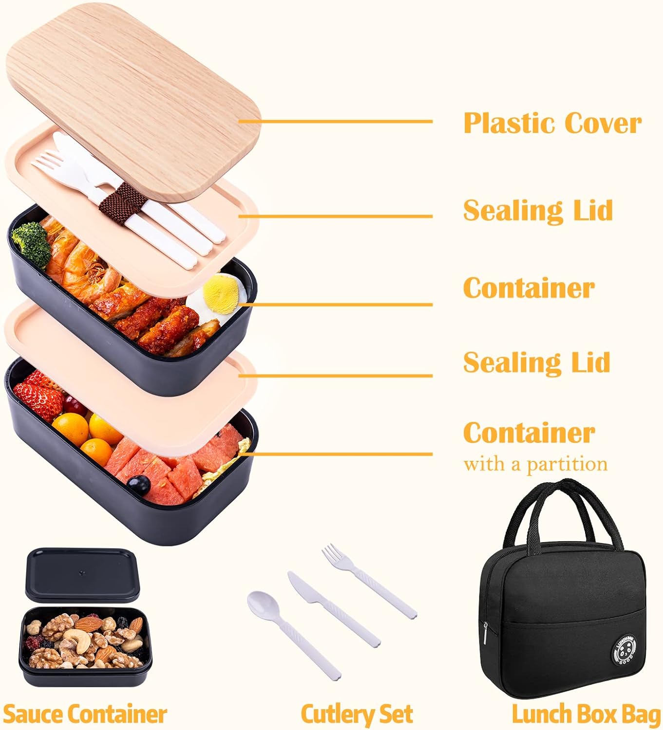 Bento Box with Lunch Bag Microwavable All-in-One Meal Prep Compartment Lunch Containers with Utensils Leak Resistant Lunch Box with Sauce Container 60oz Black