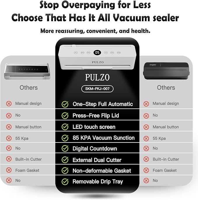 PULZO True-Auto Vacuum Sealer Machine, 85KPa Vacuum Sealer for Food with Digital Countdown, LED Smart Touch, External Sliding Blade, Dry/Moist Mode, Removable Drip tray, Complete Starter Kits