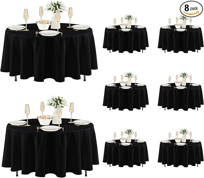 Fitable 8 Pack Round Tablecloths: Stain Resistant Wrinkle Free Circle Table Clothes, Washable Reusable Polyester Table Covers for Wedding Party Birthday Banquet Reception(Black, 70 Inch)