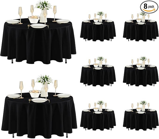 Fitable 8 Pack Round Tablecloths: Stain Resistant Wrinkle Free Circle Table Clothes, Washable Reusable Polyester Table Covers for Wedding Party Birthday Banquet Reception(Black, 70 Inch)