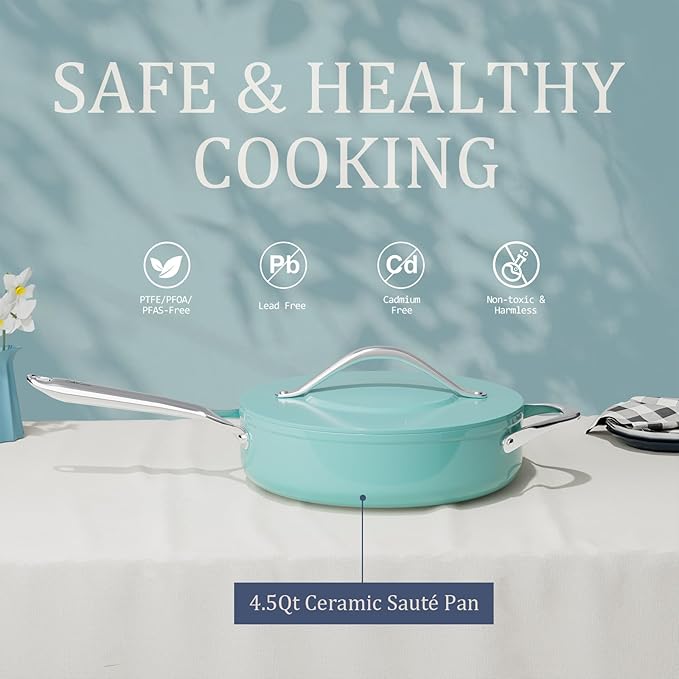 Nonstick Ceramic Sauté Pan with Lid (4.5 qt, 11") Deep Frying Pan for All Cooktops, Non Toxic Skillet PTFE/PFAS Free, Oven Safe up to 500°F w/Stainless Steel Stay-Cool Handle, Caribbean Blue