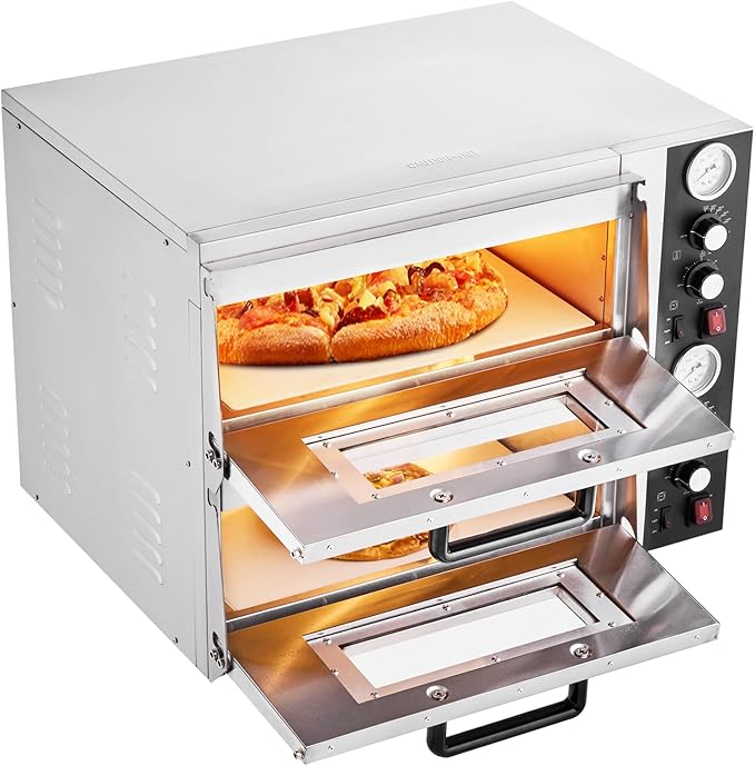VEVOR Pizza Oven Electric, 18" Double-Deck Commercial Countertop Pizza Oven, 842°F Max Temp, Indoor Pizza Maker with Thermometer, Independent Upper & Lower Temp Control & Timer for Home Restaurant