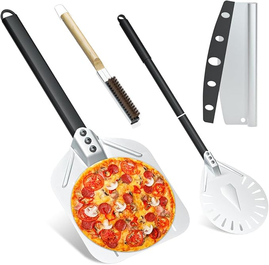 Yofuly 4PCS Pizza Oven Accessories, 12 Inch Perforated Pizza Peel, 9 Inch Round Turning Peel, Pizza Stone Cleaning Brush with Scraper, Rocker Cutter, Homemade Pizza Supplies Tools Kit