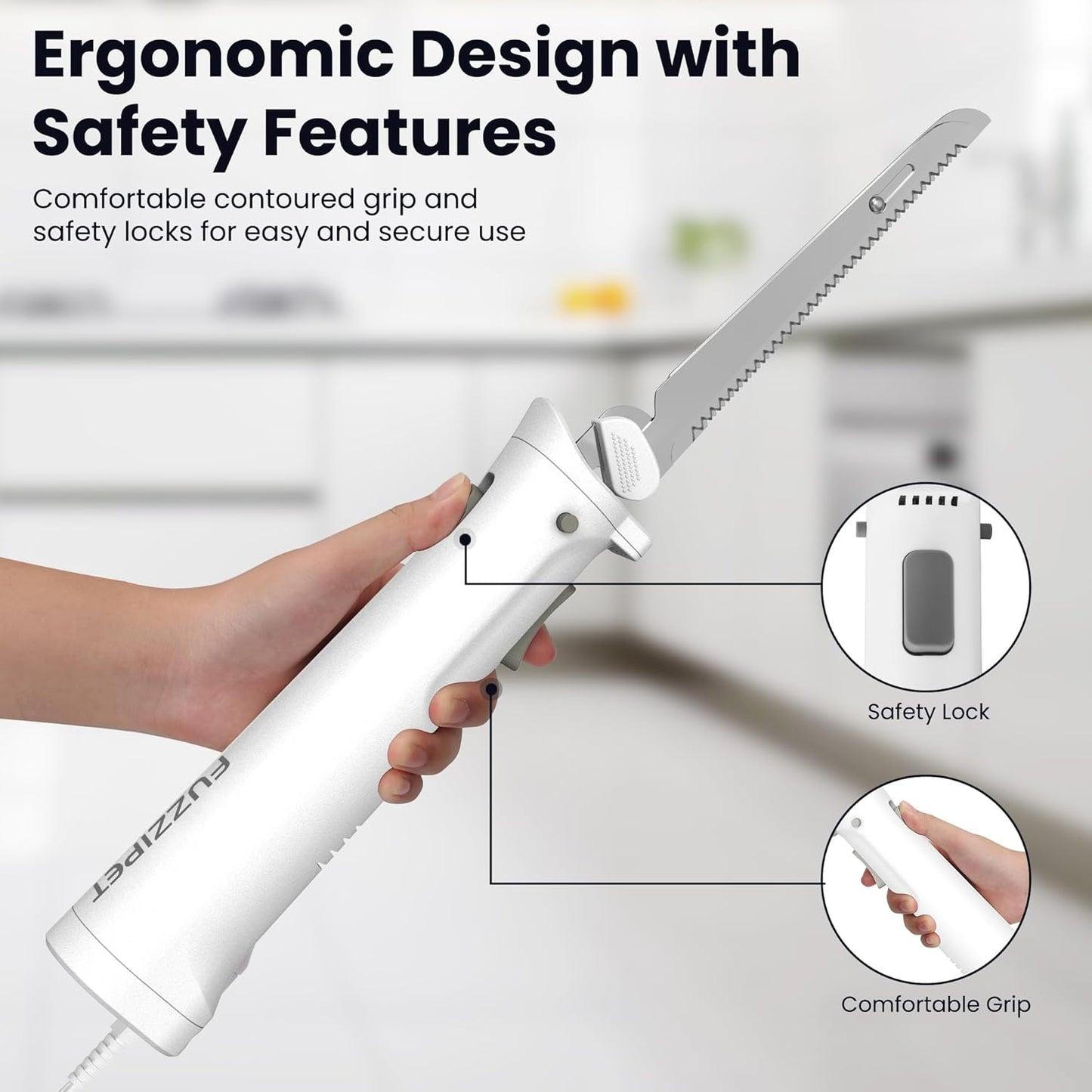 Electric Knife for Meat Slicing, Electric Bread Knife with 4 Stainless Steel Blades, Electric Carving Knife for Meats, Poultry, Bread, Cheese & More (White)