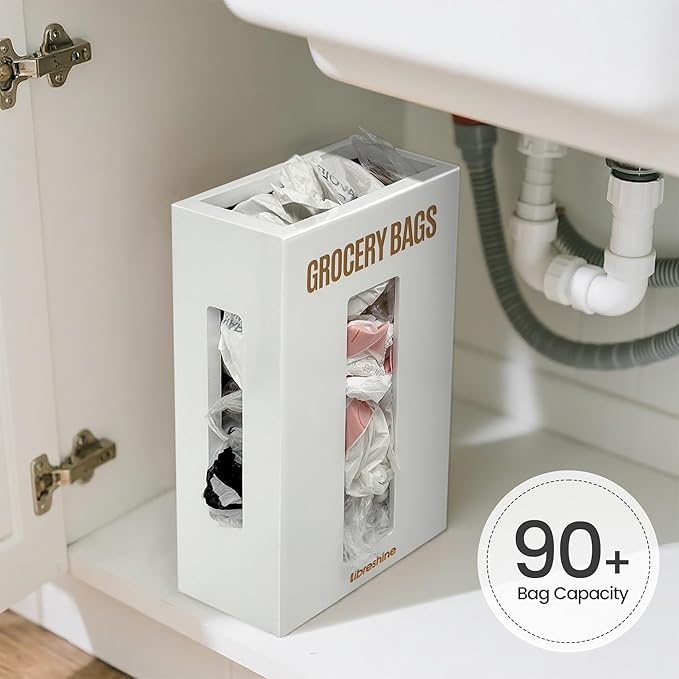 Large Grocery Bag Organizer Under Sink, Plastic Bag Holders for Grocery Bags Cabinet, Bamboo Grocery Bag Holder Wall Mount White