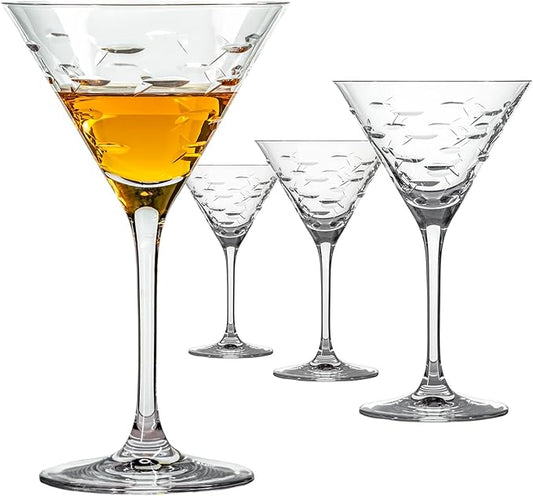 Rolf Glass School of Fish Martini Glass - Set of 4 Stemmed 10 oz. Martini Glasses - Lead-Free Glass - Diamond-Wheel Engraved Cocktail Glasses - Made in the USA