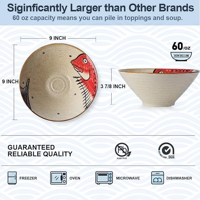 NJCHARMS Ceramic Japanese Ramen Noodle Soup Bowl, 2 Sets (6 Piece) 60 Ounce, with Matching Spoon and Chopsticks for Udon Soba Pho Asian Noodles, Red