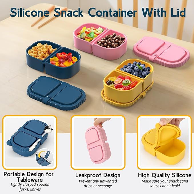 6 Pack Reusable Silicone Snack Containers with Lids, Mini Containers 2 Compartments, Portable Silicone Food Storage Box for Picnic, School, Office (6)