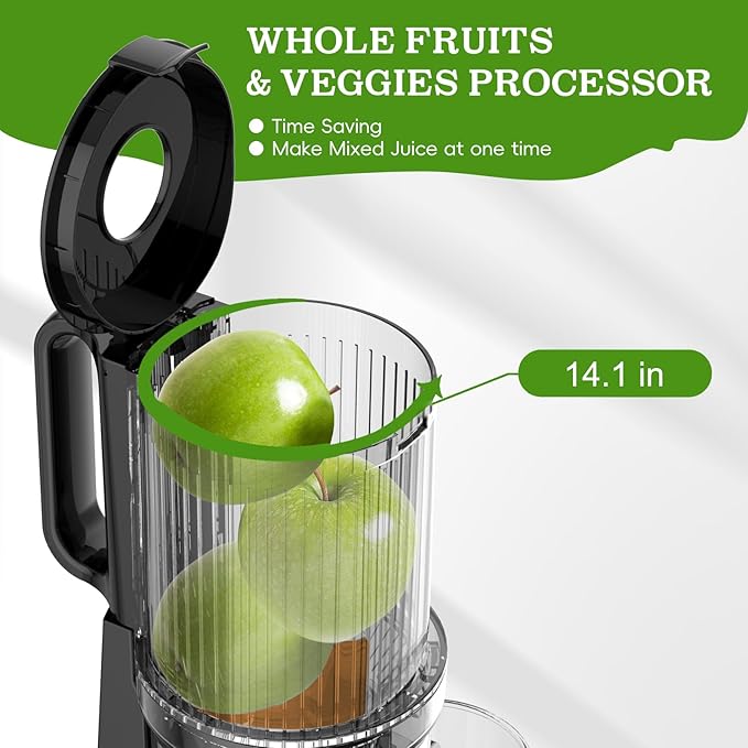 Cold Press Juicer, Wide Feed Chute Juicer Machines, Stainless Steel Slow Masticating Juicers Easy to Clean, Vegetables & Fruits Juice Extractor, High Juice Yield, Gray Knob