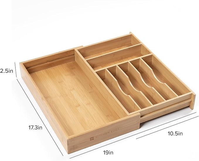 KitchenEdge Premium Silverware, Flatware and Utensil Organizer for Kitchen Drawers, Food-Safe Contract Grade, Expandable from 10.5 to 19 In, Natural Bamboo