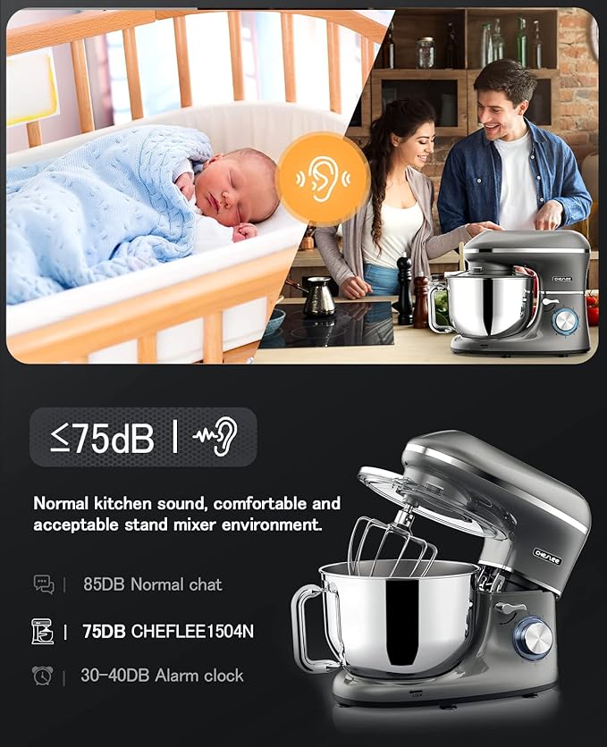 CHeflee Stand Mixer, 6.5 Quart Electric Mixer 6+P Speed 660W Tilt-Head Kitchen Food Mixers with Dough Hook, Mixing Beater, Whisk, & Splash Guard for Baking, Cake, Cookie, Kneading,Grey