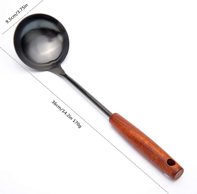 Soup Ladle 14.2 inches Wok Utensils Stainless Steel Soup Ladle Rust Proof Soup Ladle With Ergonomic Wooden Handle Soup Serving Spoon Ladles For Cooking, Gravy, Sauces, and More