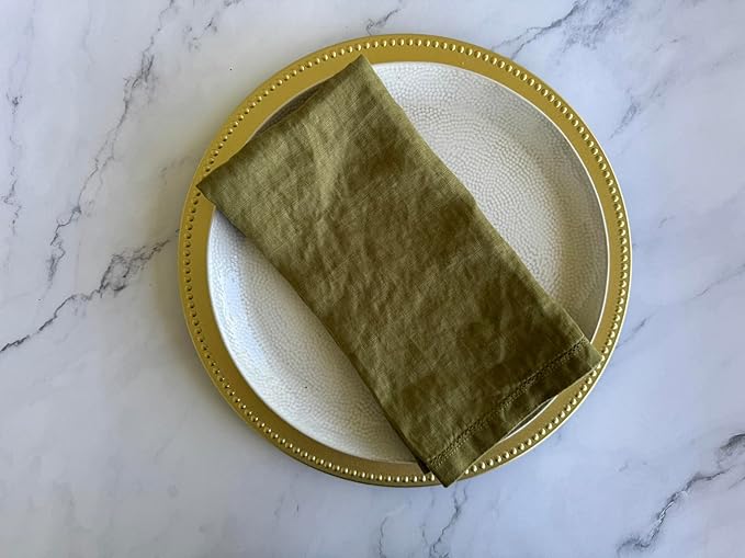 Hemstitched Linen Napkins – 20 Inch x 20 Inch – Stonewashed Pure Linen Cloth Dinner Napkins with Mitered Corners - 100% French Flax – Machine Washable - Set of 4 (Olive Green)