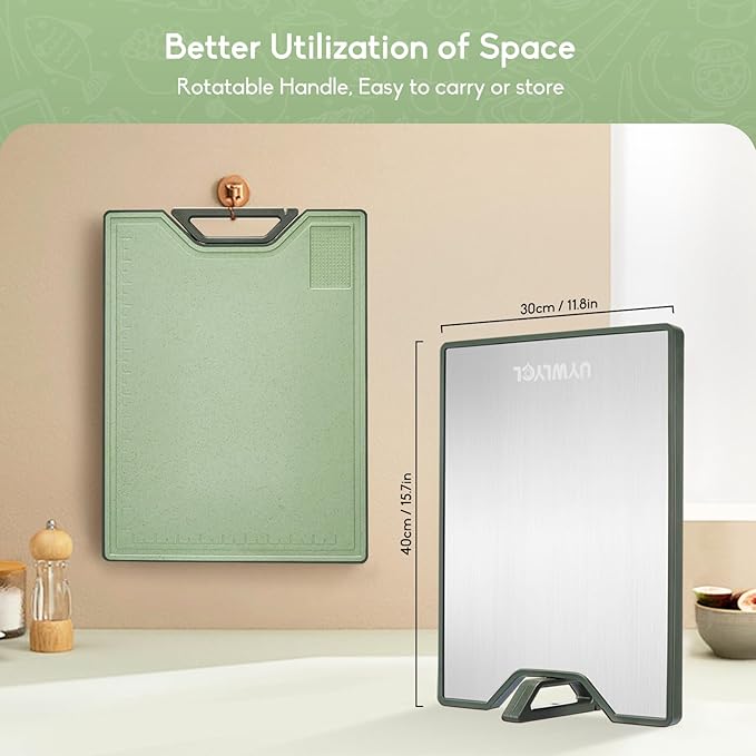 Titanium Cutting Board – Double Sided Cutting Boards for Kitchen, Pure Titanium & Wheat Straw PP, Food-Grade Metal Chopping Board, Easy to Clean Large Size 16"x11" (Green & Silver)