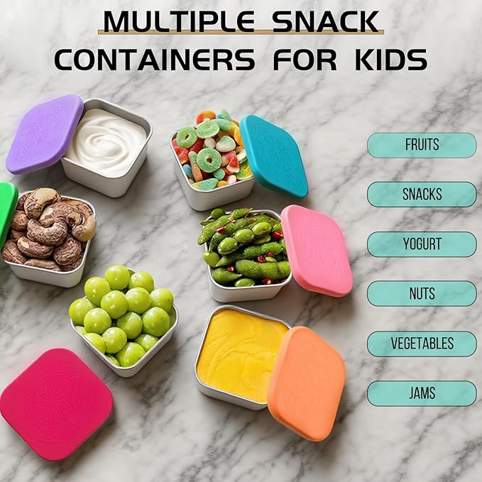 6Pack Stainless Steel Snack Containers for Kids, 6oz Easy Open Leak Proof Small Food Storage Container with Silicone Lids, Stackable Metal Toddler Lunch Box for Daycare, School and Travel