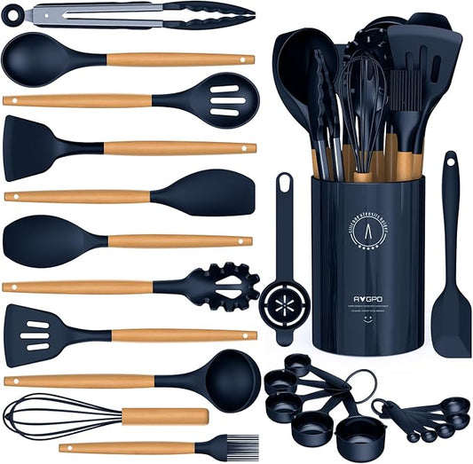 Silicone Cooking Utensils Set - Silicone Kitchen Utensils for Cooking Wooden Handles, 446°F Heat Resistant Kitchen Utensil Spatula Sets w Holder, Gadgets for Non-Stick Cookware BPA FREE (Navy Blue)