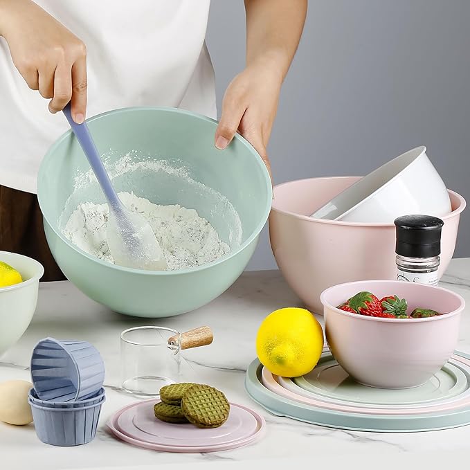 5-Piece Plastic Mixing Bowls with Lids Set for Kitchen, Nesting Bowls for Mixing, Baking, Prepping, Cooking and Serving Food, Mixing Bowls Dishwasher, Microwave Safe(5 Set-Pink)