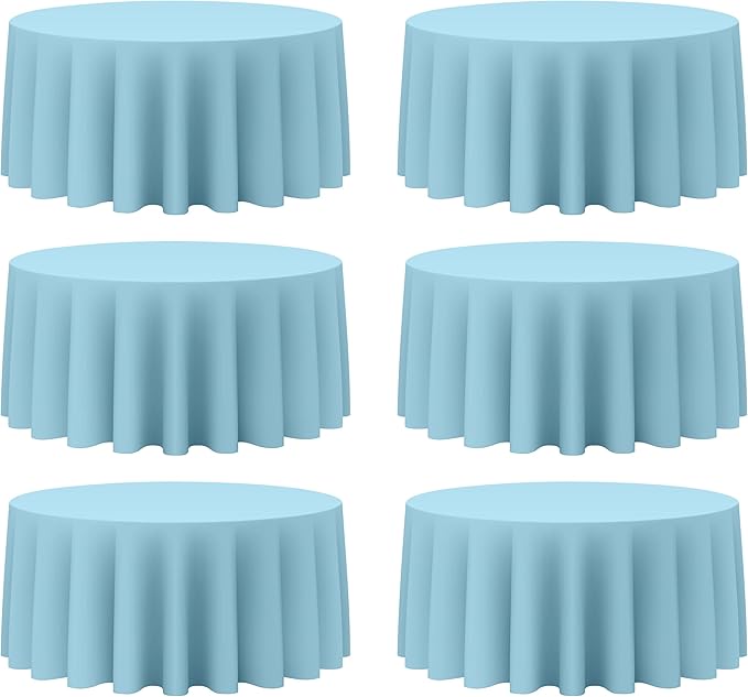 BRILLMAX 6 Pack Light Blue Round Tablecloths 132 Inch - Circle Bulk Linen Polyester Fabric Washable Table Cloth Cover for Wedding Reception Banquet Birthday Party Buffet Restaurant