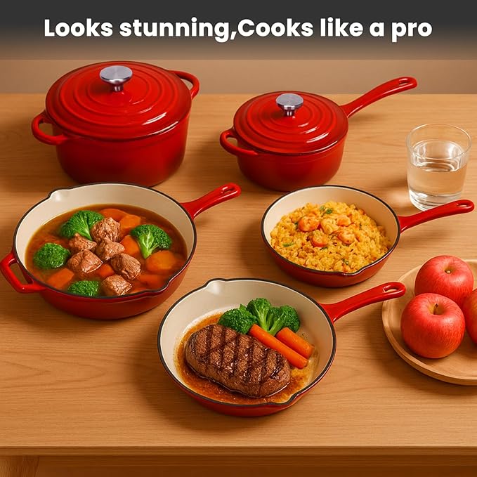 QuliMetal Nonstick Enameled Cast Iron Cookware Set, 5 Pcs Pots and Pans with Lid, Skillet, Frying Pan, Saucepan & Dutch Oven for All Stovetops, PFA Free - Ideal for Sourdough Bread Baking