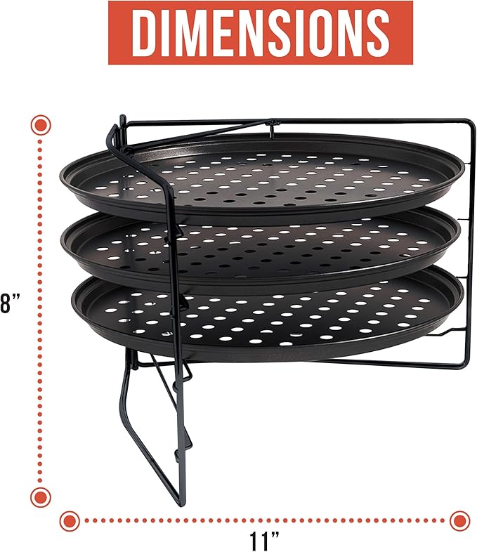 Chef Pomodoro Pizza Baking Set with 3 Pizza Pans and Pizza Rack, (11-Inch Pans), Non-stick Perforated Pizza Trays for Oven, Grill, Pizza Pan with Holes, Pizza Pan for Oven, Barbeque, Bakeware Supplies