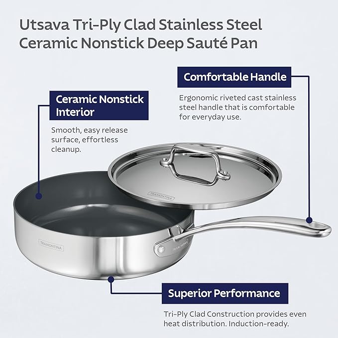 Tramontina Utsava Tri-Ply Clad Stainless Steel 2.9-Quart Saute Pan with Lid and Ceramic Non Stick Interior, Induction-Ready Cooking Pan