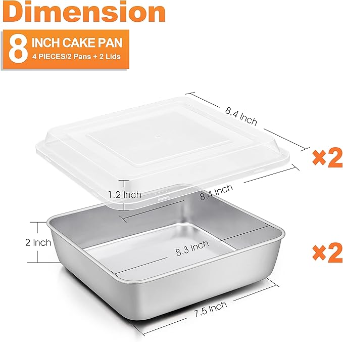 Herogo 8”x 8” Square Cake Pan, Stainless Steel Square Baking Pan with Lid, Cakes Brownie Lasagna Bakeware Set of 2, Healthy & Dishwasher Safe