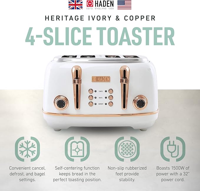 Haden Heritage 4 Slice Wide Slot Stainless Steel Toaster with Adjustable Browning Control & Non-Slip Feet, Ivory & Copper