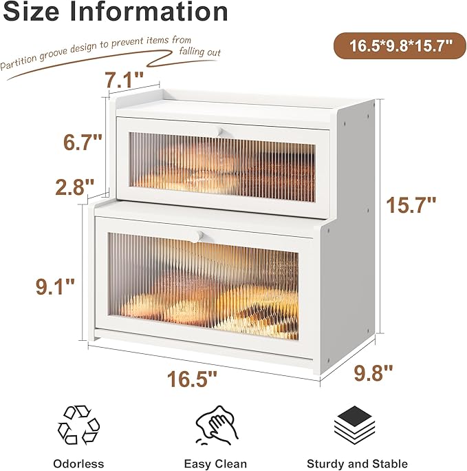 FILWH Bread Box for Kitchen Countertop Double Layer Large Corner Bread Box Capacity Bread Storage Bin Farmhouse Breadbox Container Organizer Cabinet Cupboard (White)
