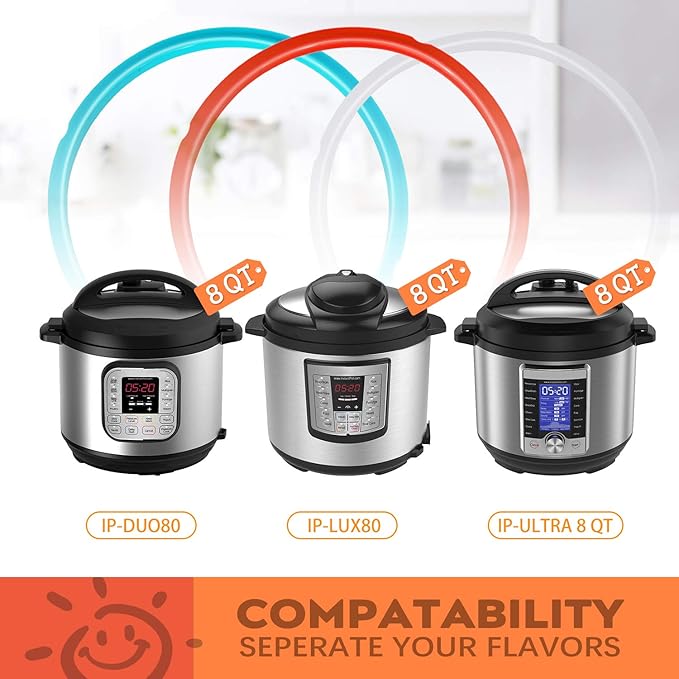 Silicone Sealing Ring 3-Pack for 8Qt Pressure Cookers - Dishwasher Safe Food-Grade Replacement Gasket Compatible with Instant Pot 8Qt Models: IP-DUO80, IP-LUX80, Ultra, Duo Plus, Viva.