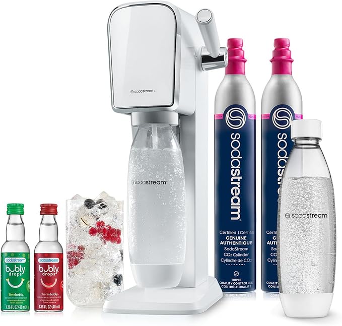 SodaStream - ART Sparkling Water Maker | VALUE BUNDLE | CQC CO2 system | Includes 2x CO2 Cylinders, 2x 32 Fl Oz Dishwasher Safe Bottles, 2x Bubly Flavor Drops | Combine with Pepsi Flavors | White