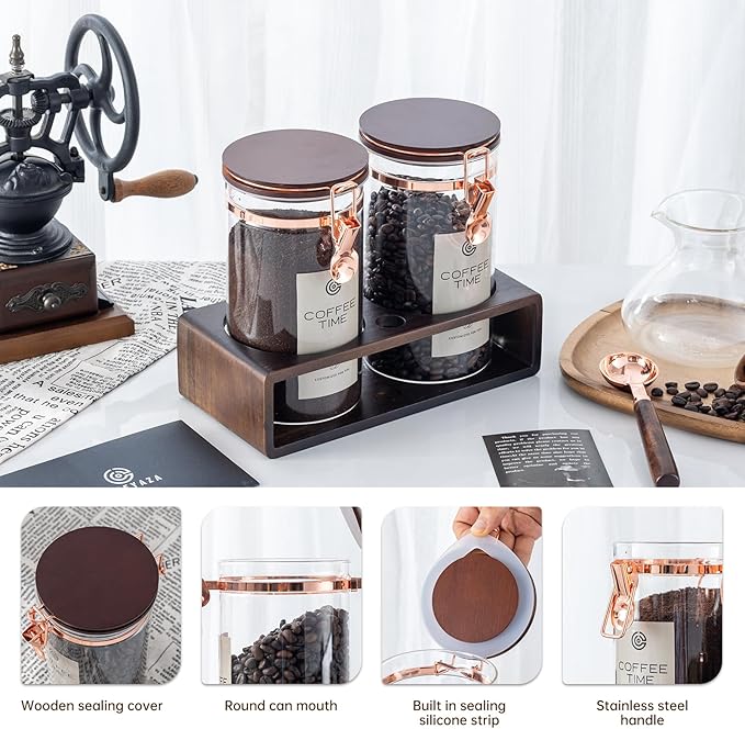 Glass Coffee Canister Set with Shelf and Spoon, Set of 2 Coffee Containers for Storing Ground Coffee Beans, Sealed, Coffee Bar Coffee Filter Holder