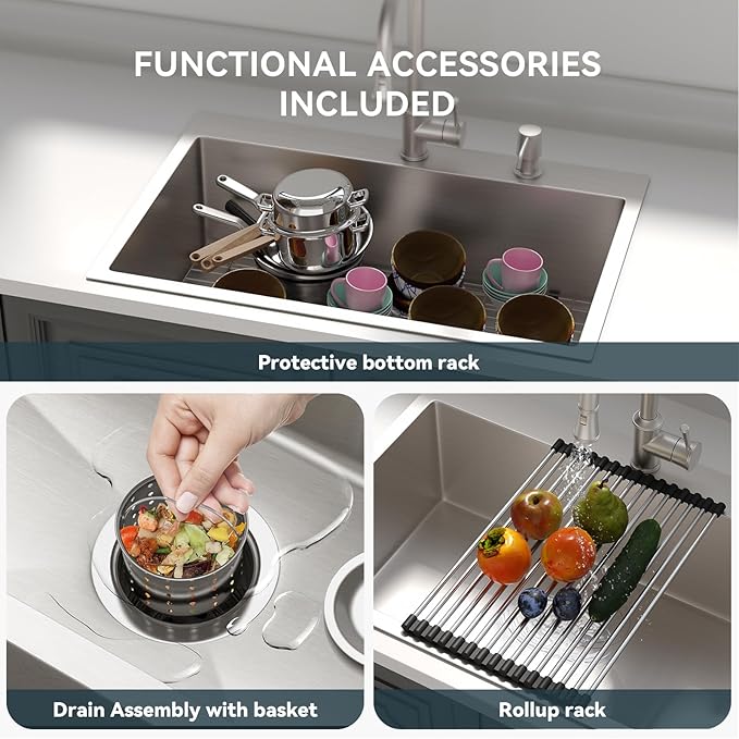 Lordear 33 Inch Drop In Kitchen Sink 33x22 Stainless Steel Topmount Sinks 16 Gauge T304 Single Bowl Kitchen Sink With 3mm Thickened Plate Round Corners