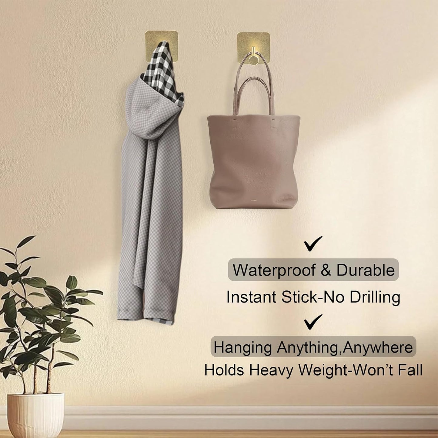 Aluminum Wall Hooks, No Drill Damage-Free Adhesive Hook, Product for Hanging Heavy Duty for Bathroom Kitchen Home (Single Square Gold Hook, 4)