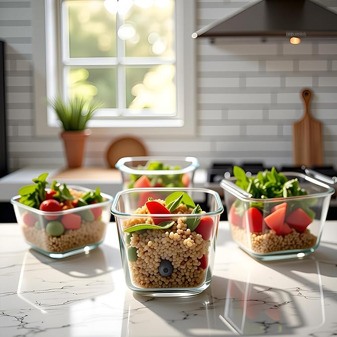 4 Cup Square Borosilicate Glass Food Storage Containers, 32oz Tall Glass Soup Containers with Lids, Large Square Meal Prep Bowl for Food, Salad, Lunch, Deli, Microwave, Freezer Saf (4Pack)