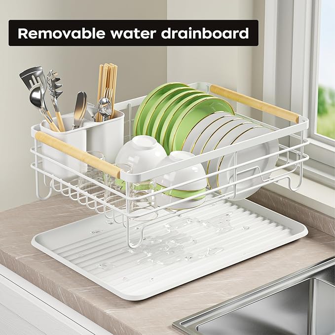 Dish Racks for Kitchen Counter: Wooden Handles, Thickened Metal, No Assembly. Small Dish Drying Rack: Ideal for Small Households. Drying Rack Kitchen: White