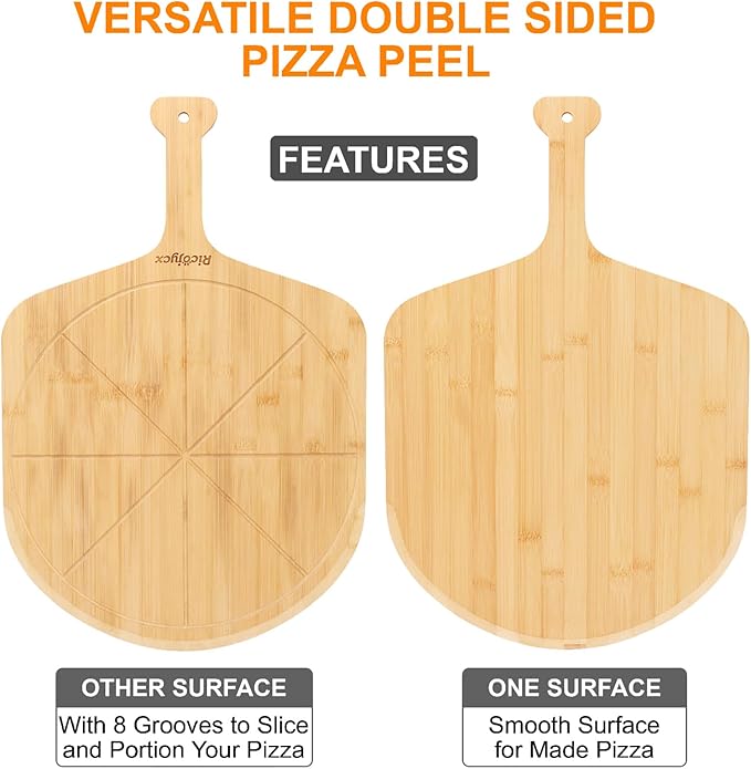 14 inch Natural Bamboo Pizza Peel Set of 2, Double-Sided Use Pizza Cutting Board with 8 Slice Grooves for Pizza, Bread, Cheese, Vegetable, Fruits