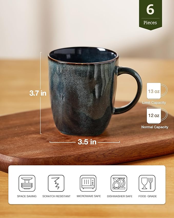 famiware Coffee Mugs Set of 6, Ocean Square 13oz Coffee Cup Set with Handle for Cocoa, Milk, Hot Chocolate, Tea, Water, Stoneware Cups for Kitchen, Microwave and Dishwasher Safe, Deep Forest