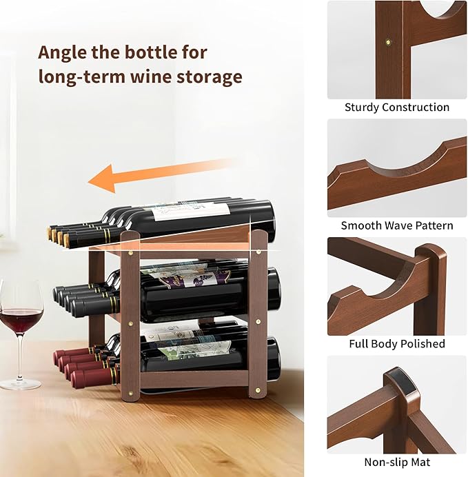 Wine Rack,Bamboo Wine Racks Countertop,Sturdy Wine Rack for Inside Cabinet &Freestanding Floor, 3-Tier 12 Bottles Racks for Kitchen,Cabinets,Home Bar,Wine Storage Racks(3-Tiers)