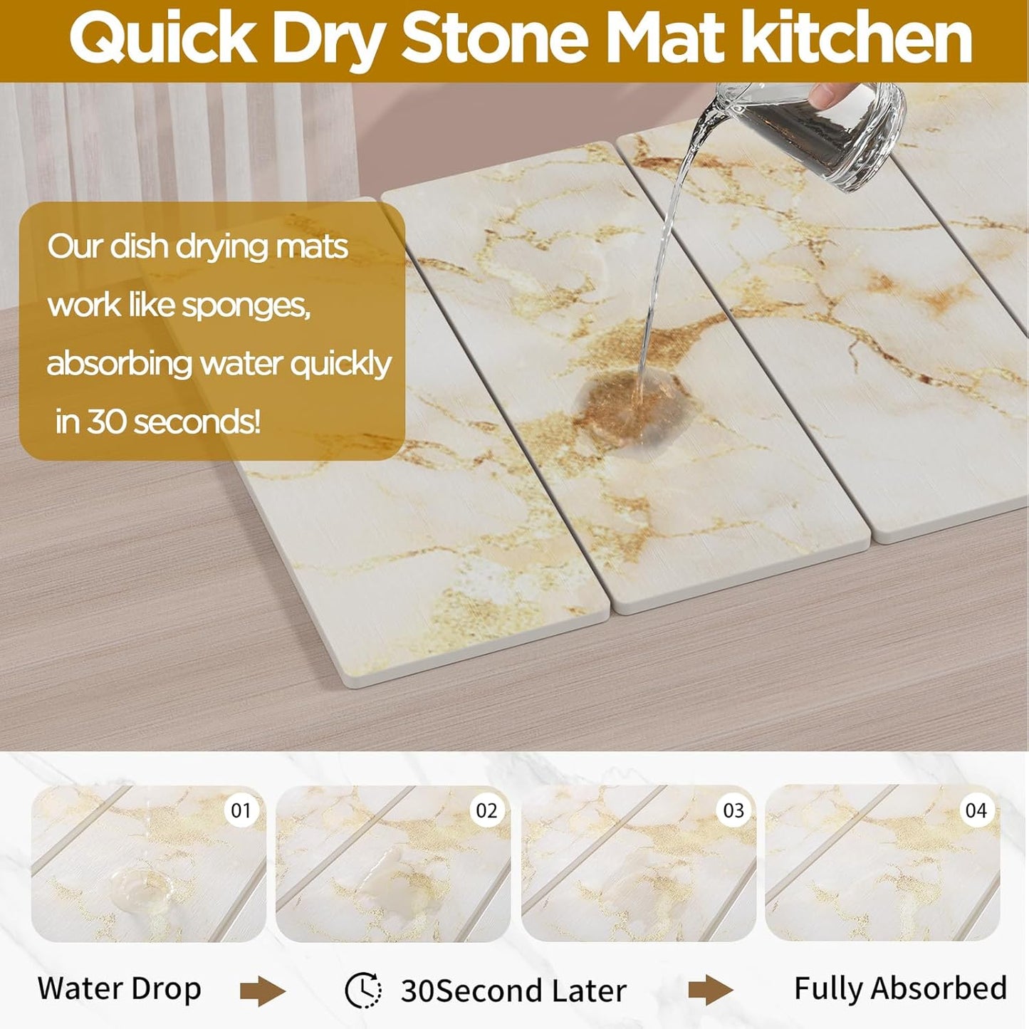 Stone Drying Mat for Kitchen Counter, White with Gold Veins Stone Dish Drying Mat - Diatomite Water Absorbing Drying Stone for Kitchen Counter Mat, Quick Dry Stone Mat Kitchen for Cups Dishes Bottles.