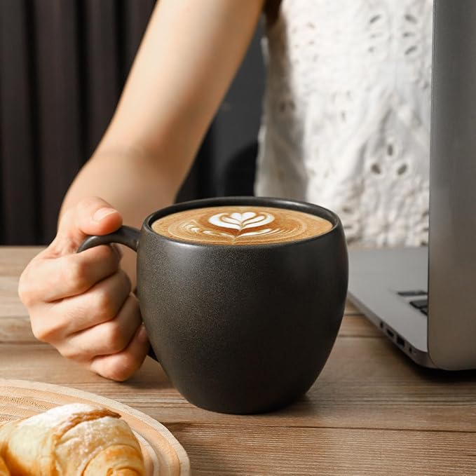 Coffee Mugs Set of 4, Ceramic 16 oz Coffee Cups for Tea, Milk, Cereal, Cappuccino, Porcelain Latte Cups with Large Handle, Stoneware Coffee Mugs for Christmas Housewarming Gifts, Black